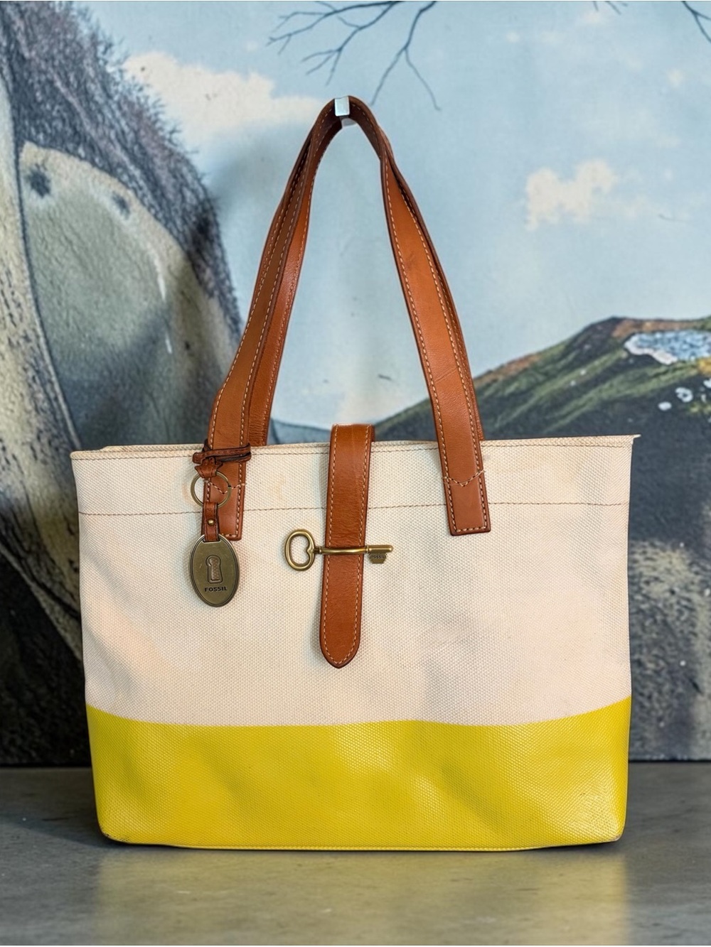 Fossil Cream and Yellow Canvas Tote with Brown Leather Trim